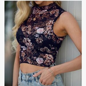 Black Floral Lace Mock Neck Crop Top
